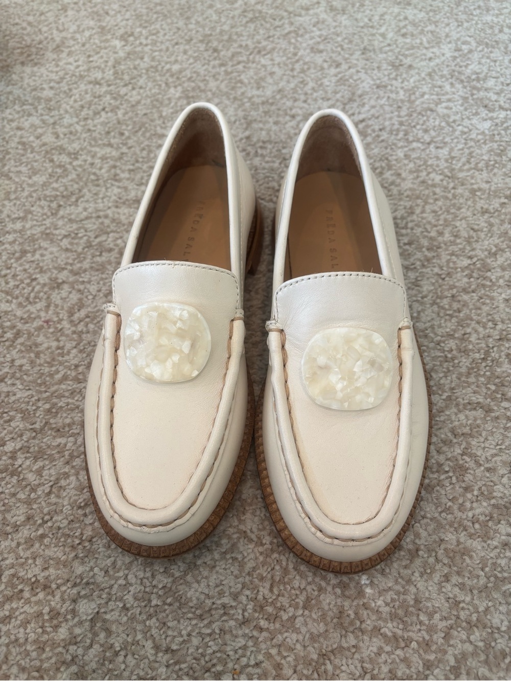 Freda Salvador Ivory Leather Loafers with Mother-of-Pearl Medallion